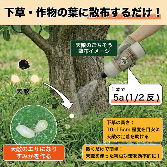 天敵のごちそう 果樹用1,000mL (5~7a 1/2反) ｜散布するだけで天敵定着！天敵農薬の定着を促進し、防除効果を高める強力サポート資材 bioEgg 生物農薬 天敵 定着 IPM 農業 スジコナ 減農薬 有機栽培 特別栽培 果樹 ナシ ブドウ オウトウ リンゴ ミカン